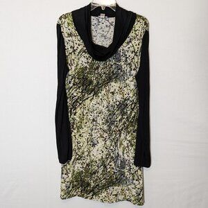 WOMEN'S "ISLE" Black & Green "Paint Spatter Look" Cowl Neck, Knit Dress; Size M